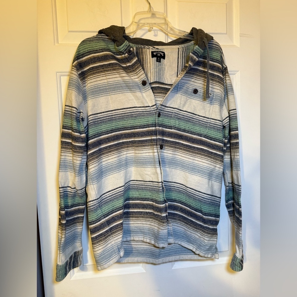 Billabong Men’s Baja Striped Hooded Flannel Shirt Ivory Blue Gray Medium Shacket